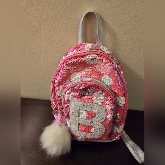 Justice Girls Mini Backpack Flip Sequin with Initial B, Pink & White Pom Pom - Picture 5 of 10